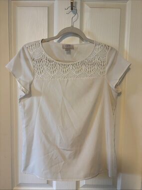LOFT White Crochet Yoke Short Sleeve Blouse